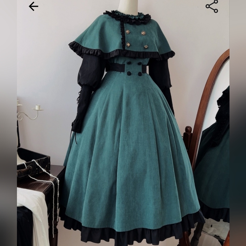 Dark Academia Green Caped Dress